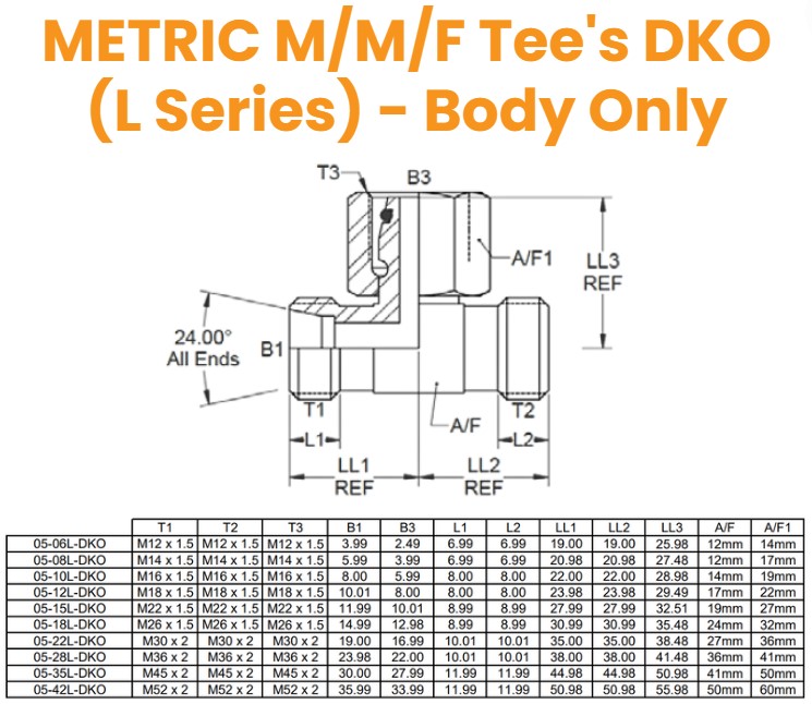 M30X2 (22L) M/M/F Tee - Body Hydraulic Adaptor
